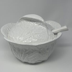 White Ceramic Cabbage Serving Bowl with Lid and Ladle